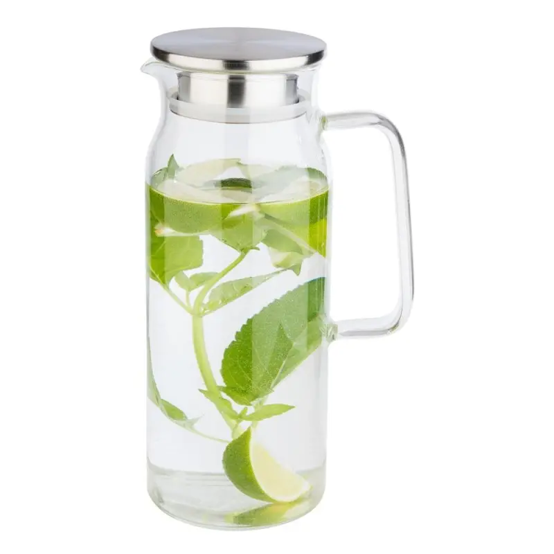 APS Carafe 50-3/4 oz. clear glass w/ SS matte lid & strainer handled drip-free APS Carafe 50-3/4 oz. clear glass w/ SS matte lid & strainer handled drip-free