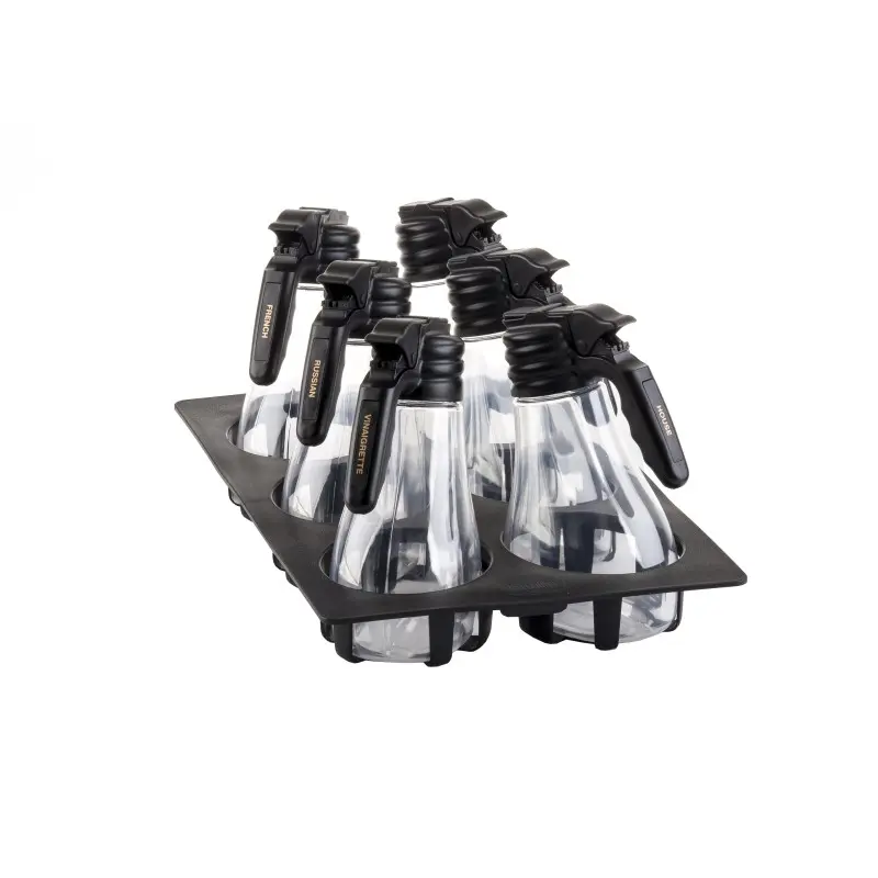 Tablecraft NSF Option Salad Dressing Dispenser Set 48 OZ. 20.75"x12.75"x9.75" - Incl. 6 Dispensers - Black Tray & 10 Tag