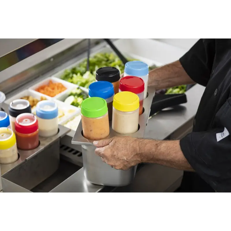 Tablecraft Squeeze Bottle Template 12.75"x7"x.375" - Stainless Steel (18/8) Holds (6) 63mm Bottles - Fits Third Size Pan
