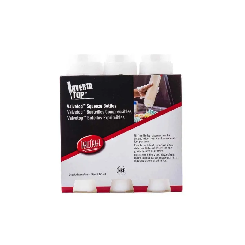 Tablecraft InvertaTop Squeeze Bottle 16 Oz. Clear - Polyethylene (LDPE) 53mm - Pack of 6 - NSF - Set of 8