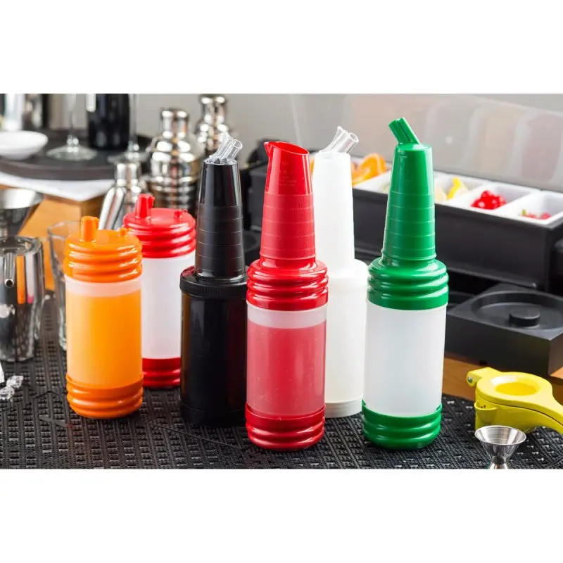 Tablecraft PourMaster Bottle with Low Profile Top 1 Qts Assorted 3.625"x3.625"x9.5" - Polyethylene (HDPE) - NSF - Set of
