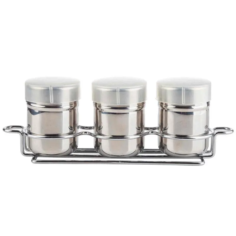 Tablecraft 3-Piece Shaker Set with Rack 6 Oz. Mirror Finish 10.125"x2.75"x3.5" - Stainless Steel (18/8)
