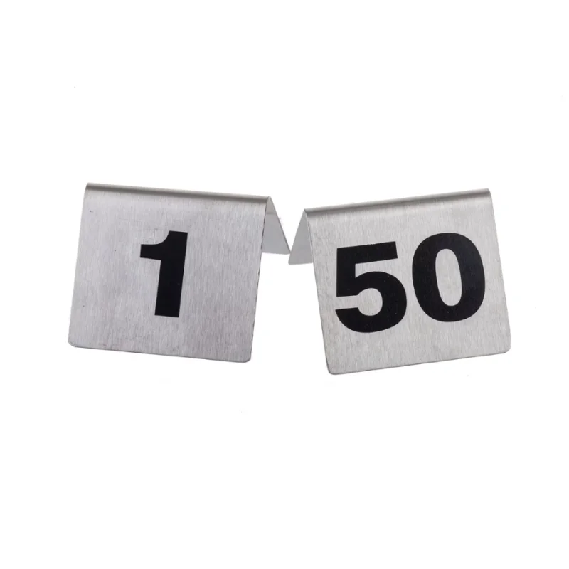 Tablecraft Number Tents - 1-50 Black 2.5"x2.5"x1.875" - Stainless Steel (200 Series)