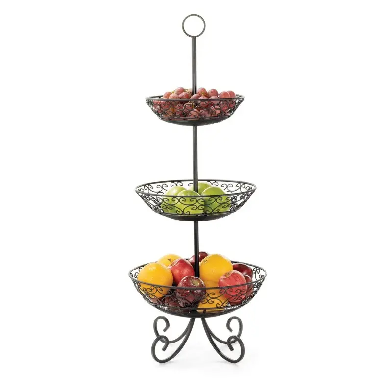 Tablecraft Mediterranean Collection Fruit Basket - Three-Tiered Oz. 13.875"x13.875"x33.5" - Black Powder Coated Steel