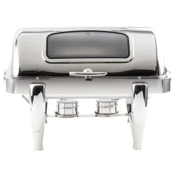 Tablecraft Full Size Dripless Roll Top Chafer With Window 9 Qts 26"x20"x17" - Combo: Stainless Steel & Glass - Stackable