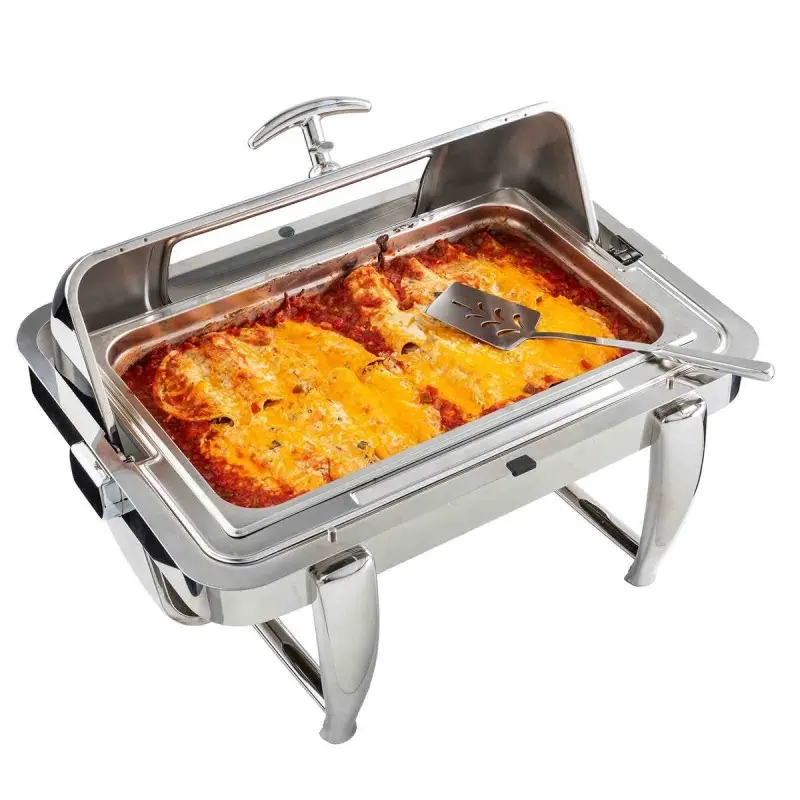 Tablecraft Full Size Dripless Roll Top Chafer With Window 9 Qts 26"x20"x17" - Combo: Stainless Steel & Glass - Stackable